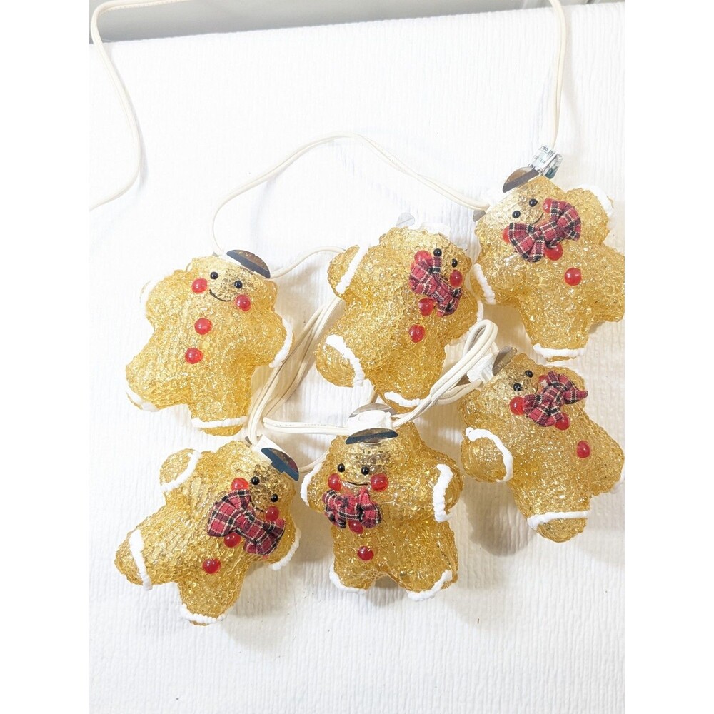 Vintage Gingerbread men cookies string Lights Christmas bowtie caps 6 ft decor